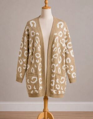 Jen & Co. Beige Leopard Knit Open Cardigan Size S/m